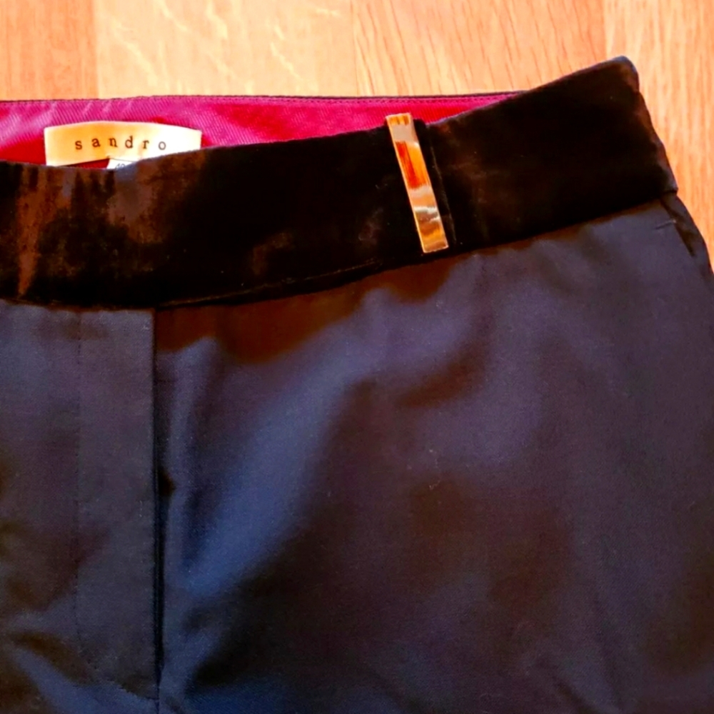 Sandro Wool Silk Black Dress Pants Size US 12 EU 40 Velvet Waistband Slim Leg